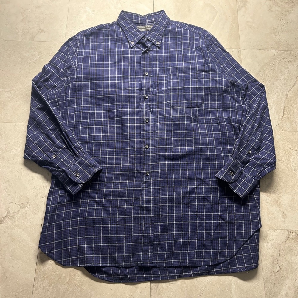 Tom James Executive Collection Blue Plaid Shirt Mens XXL Vintage Cotton Tailored